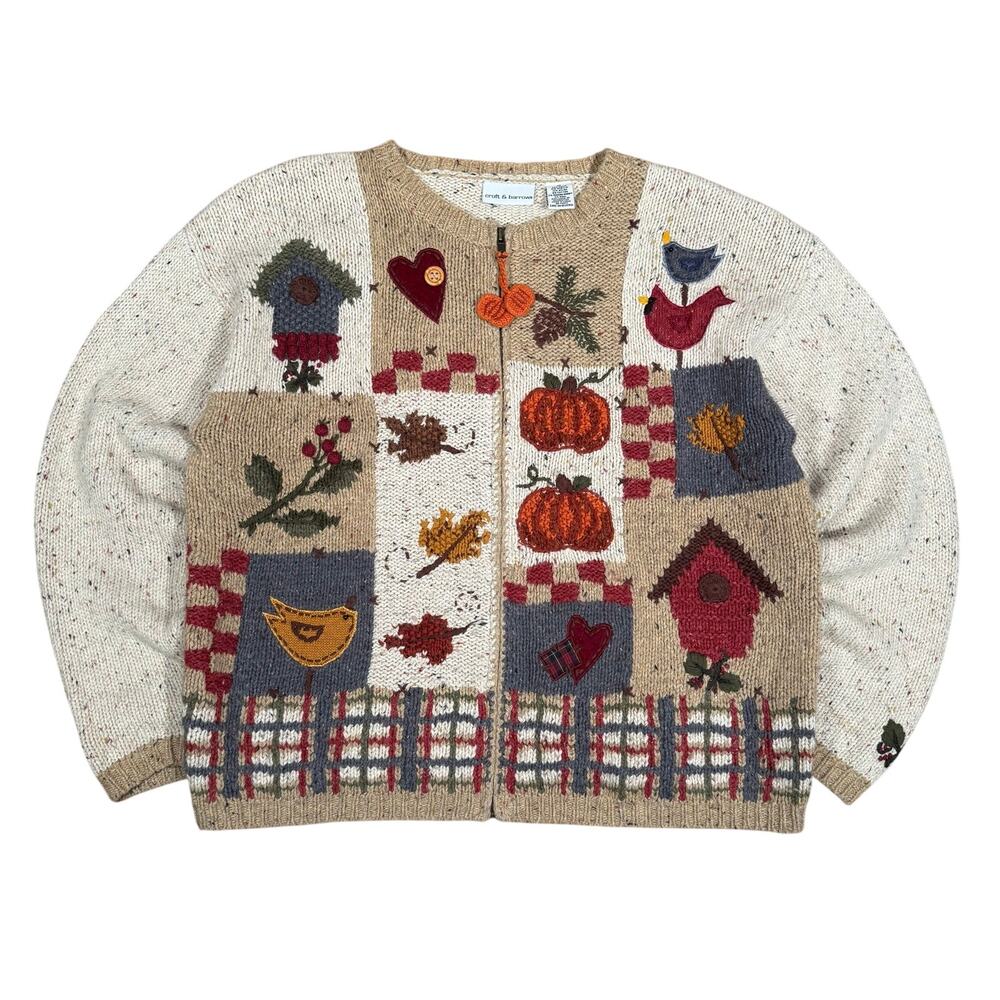 Vintage Autumn Harvest Patchwork Knit Zip Sweater Pumpkin Bird Cottagecore